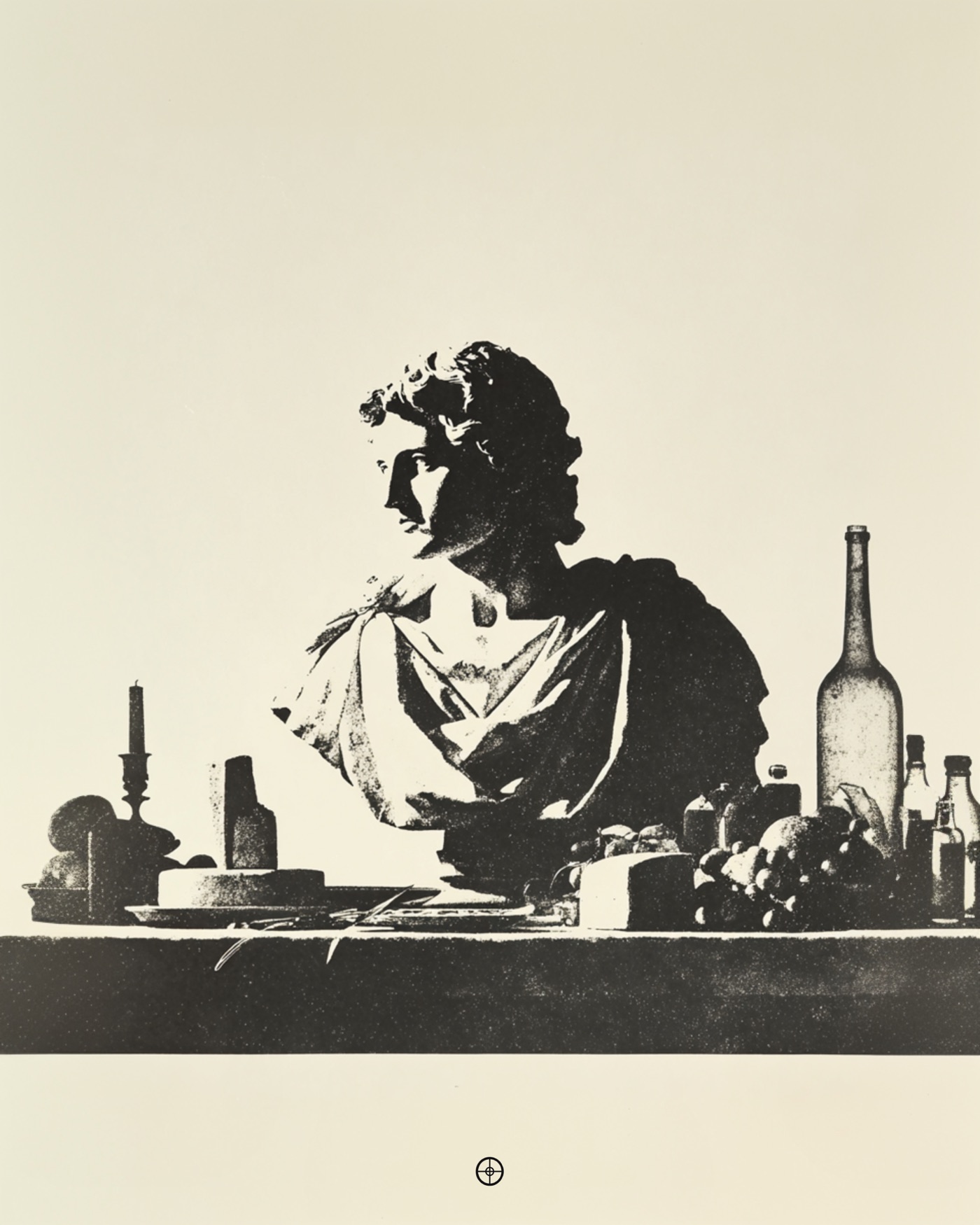 A sculpted bust of Apollo before a table of food.