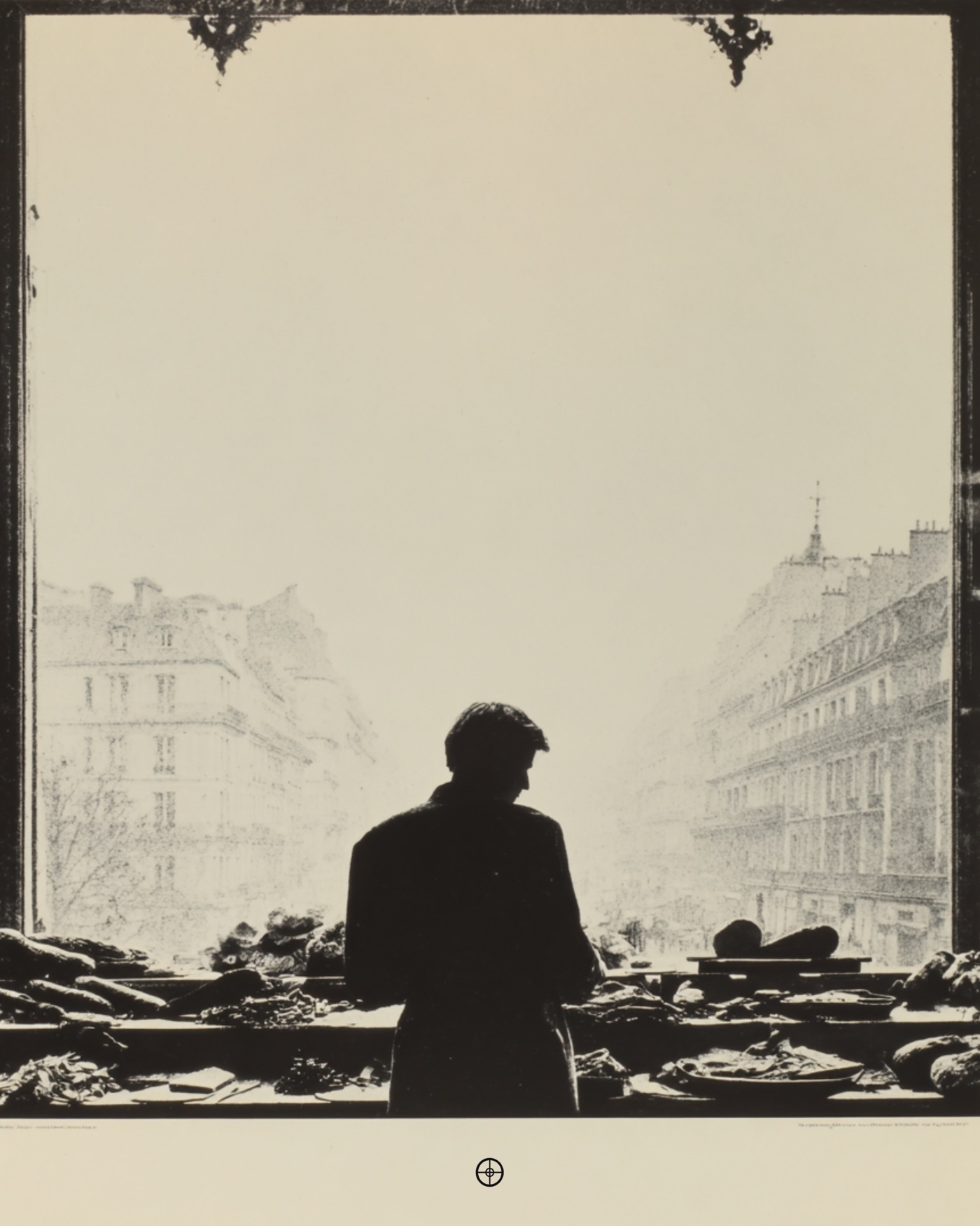 A man standing before a butcher’s window, reproduced as a print.