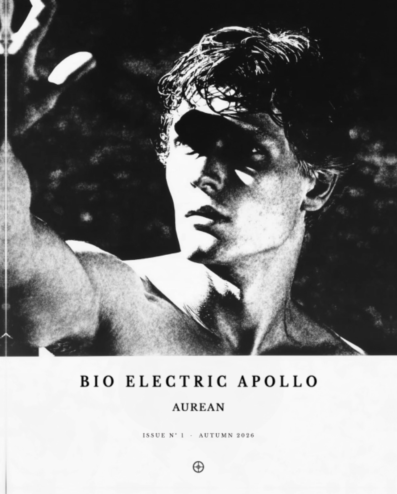 The cover of Bio Electric Apollo Nº 1: a man's face in halftone, the sun cross beneath.